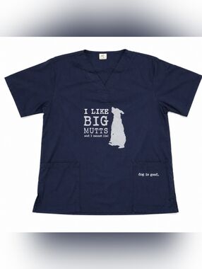 Unisex Navy Graphic V-Neck Scrub Top - "I Like Big Mutts" Size Large